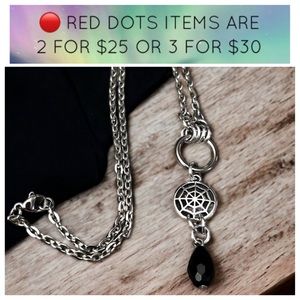 🔴 stainless steel chain silver plated spider web charm with dangly black stone